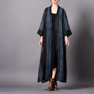 Deep-V Plus Size Striped Kimono Silky Long Vintage Outerwear