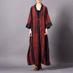 Deep-V Plus Size Striped Kimono Silky Long Vintage Outerwear