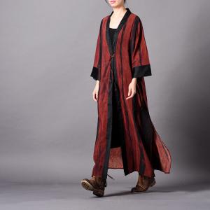 Deep-V Plus Size Striped Kimono Silky Long Vintage Outerwear