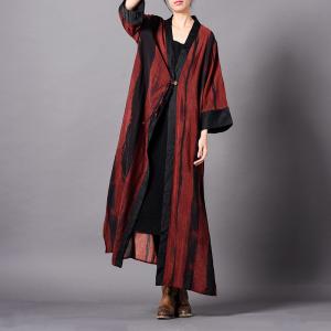 Deep-V Plus Size Striped Kimono Silky Long Vintage Outerwear