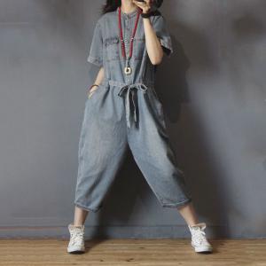 Button Down Belted Denim Jumpsuit Short Sleeve Jeans Jumpsuit