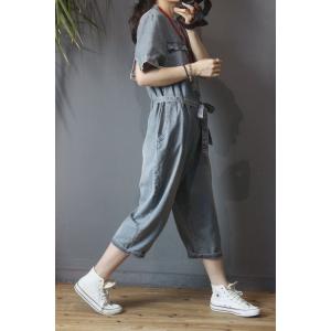 Button Down Belted Denim Jumpsuit Short Sleeve Jeans Jumpsuit