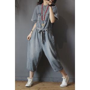 Button Down Belted Denim Jumpsuit Short Sleeve Jeans Jumpsuit