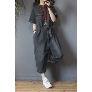 Button Down Belted Denim Jumpsuit Short Sleeve Jeans Jumpsuit