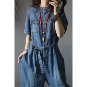 Korean Style Baggy Casual Jumpsuits Denim One-Piece for Woman