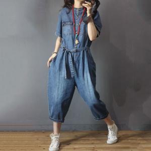 Korean Style Baggy Casual Jumpsuits Denim One-Piece for Woman