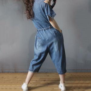 Korean Style Baggy Casual Jumpsuits Denim One-Piece for Woman