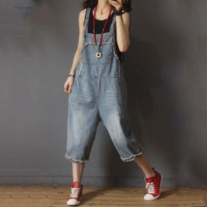Adorable Fringed Edges Jeans Overalls Cotton Baggy Dungarees