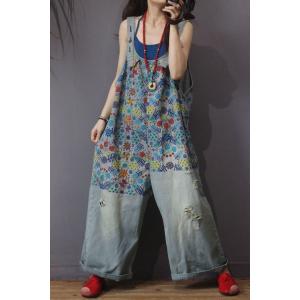 U Neck Cotton Floral Overalls Plus Size Denim Wide Leg Jumpsuits