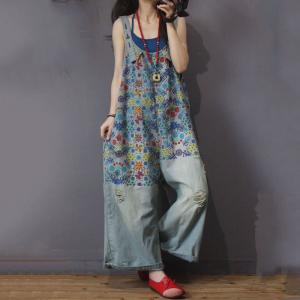 U Neck Cotton Floral Overalls Plus Size Denim Wide Leg Jumpsuits