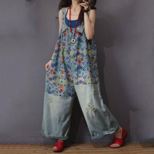 U Neck Cotton Floral Overalls Plus Size Denim Wide Leg Jumpsuits