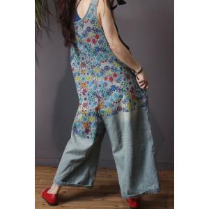 U Neck Cotton Floral Overalls Plus Size Denim Wide Leg Jumpsuits