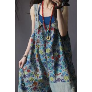 U Neck Cotton Floral Overalls Plus Size Denim Wide Leg Jumpsuits