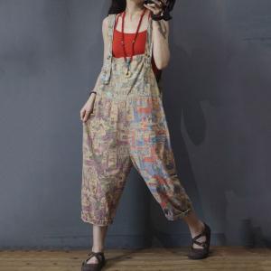 Letter Leaves Printed Dungarees Baggy Casual Jumpsuits for Woman