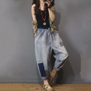 Blue Contrast Patchwork Harem Jeans Drawstring Baggy Jeans