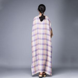 Beautiful Large Purple Tartan Dress Plus Size Linen Split Caftan