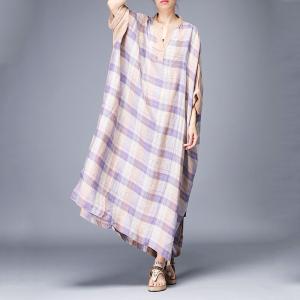 Beautiful Large Purple Tartan Dress Plus Size Linen Split Caftan