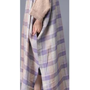 Beautiful Large Purple Tartan Dress Plus Size Linen Split Caftan