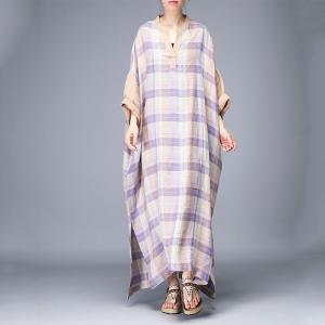 Beautiful Large Purple Tartan Dress Plus Size Linen Split Caftan