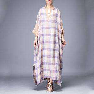 Beautiful Large Purple Tartan Dress Plus Size Linen Split Caftan