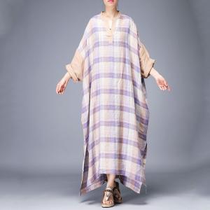 Beautiful Large Purple Tartan Dress Plus Size Linen Split Caftan