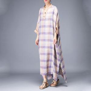 Beautiful Large Purple Tartan Dress Plus Size Linen Split Caftan