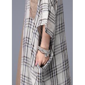 Khaki Contrast Cotton Linen Plaid Dress Large Casual Vacation Dress