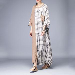 Khaki Contrast Cotton Linen Plaid Dress Large Casual Vacation Dress