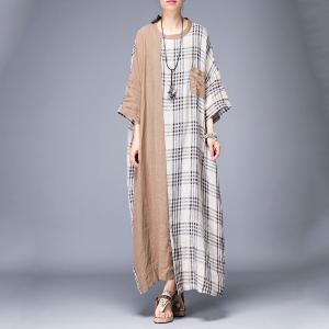 Khaki Contrast Cotton Linen Plaid Dress Large Casual Vacation Dress
