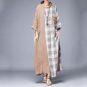 Khaki Contrast Cotton Linen Plaid Dress Large Casual Vacation Dress