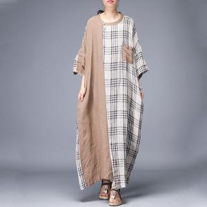 Khaki Contrast Cotton Linen Plaid Dress Large Casual Vacation Dress