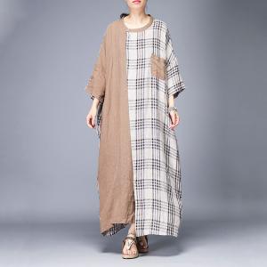 Khaki Contrast Cotton Linen Plaid Dress Large Casual Vacation Dress