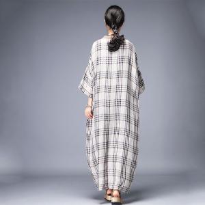 Khaki Contrast Cotton Linen Plaid Dress Large Casual Vacation Dress