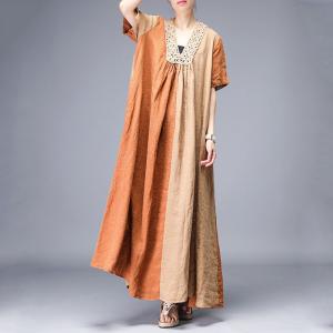 Short Sleeve Summer Crochet Dress V-Neck Loose Linen Maxi Dress