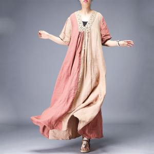 Short Sleeve Summer Crochet Dress V-Neck Loose Linen Maxi Dress