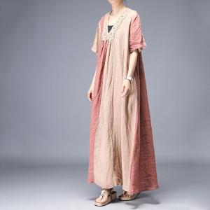 Short Sleeve Summer Crochet Dress V-Neck Loose Linen Maxi Dress