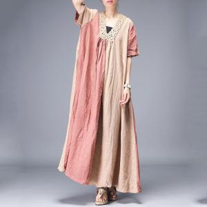 Short Sleeve Summer Crochet Dress V-Neck Loose Linen Maxi Dress