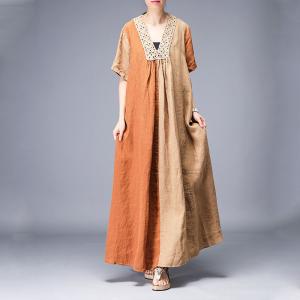 Short Sleeve Summer Crochet Dress V-Neck Loose Linen Maxi Dress