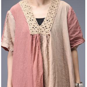 Short Sleeve Summer Crochet Dress V-Neck Loose Linen Maxi Dress