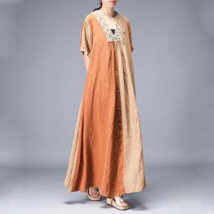 Short Sleeve Summer Crochet Dress V-Neck Loose Linen Maxi Dress