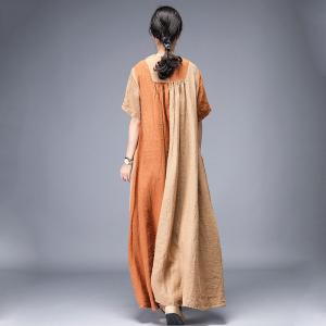 Short Sleeve Summer Crochet Dress V-Neck Loose Linen Maxi Dress