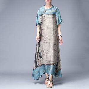 Chinese Ink Painting Silk Dress Vintage Long Short Sleeve Dress