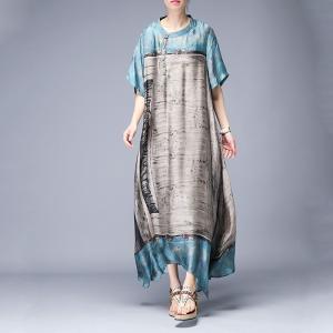 Chinese Ink Painting Silk Dress Vintage Long Short Sleeve Dress