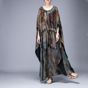 Dark-Colored Printed Wrap Dress Plus Size Vintage Cloak Dress for Senior Woman