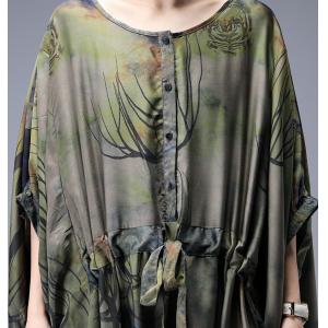 Dark-Colored Printed Wrap Dress Plus Size Vintage Cloak Dress for Senior Woman