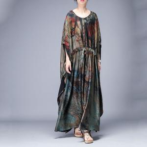Dark-Colored Printed Wrap Dress Plus Size Vintage Cloak Dress for Senior Woman