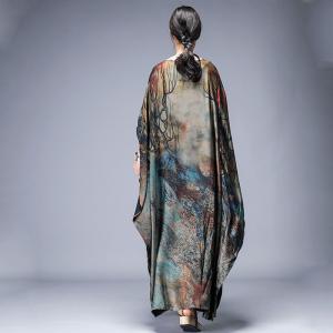 Dark-Colored Printed Wrap Dress Plus Size Vintage Cloak Dress for Senior Woman