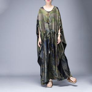 Dark-Colored Printed Wrap Dress Plus Size Vintage Cloak Dress for Senior Woman
