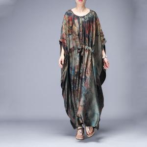 Dark-Colored Printed Wrap Dress Plus Size Vintage Cloak Dress for Senior Woman