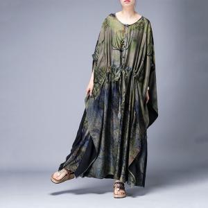 Dark-Colored Printed Wrap Dress Plus Size Vintage Cloak Dress for Senior Woman